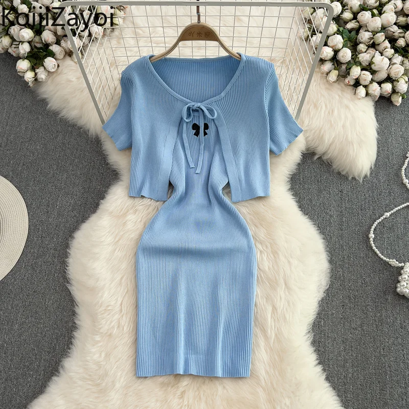 

Koijizayoi Fashion Women Solid Two Pieces Set Knitted Outfits 2022 Dress 2 Pieces Set Summer Suit Cardigan Slip Dress Slim Set