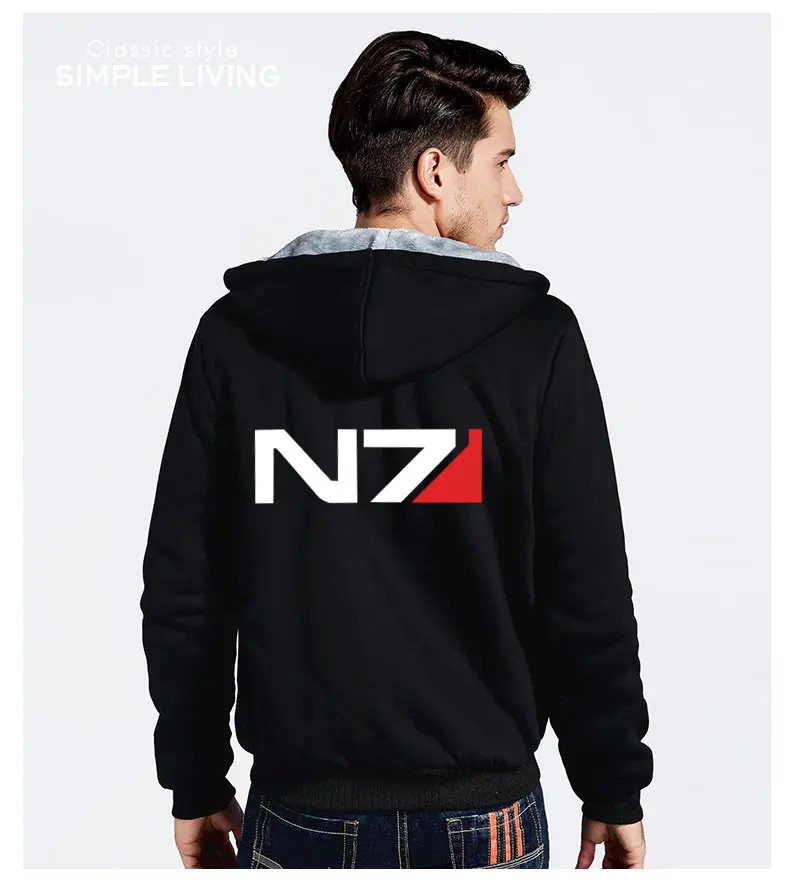 Cosplay N7 Mass Effect Zip Up Hoodie Men Black Anime Hooded Sweatshirt Women Embordery Fleece Thick Warm Sweetshirt Streetwear