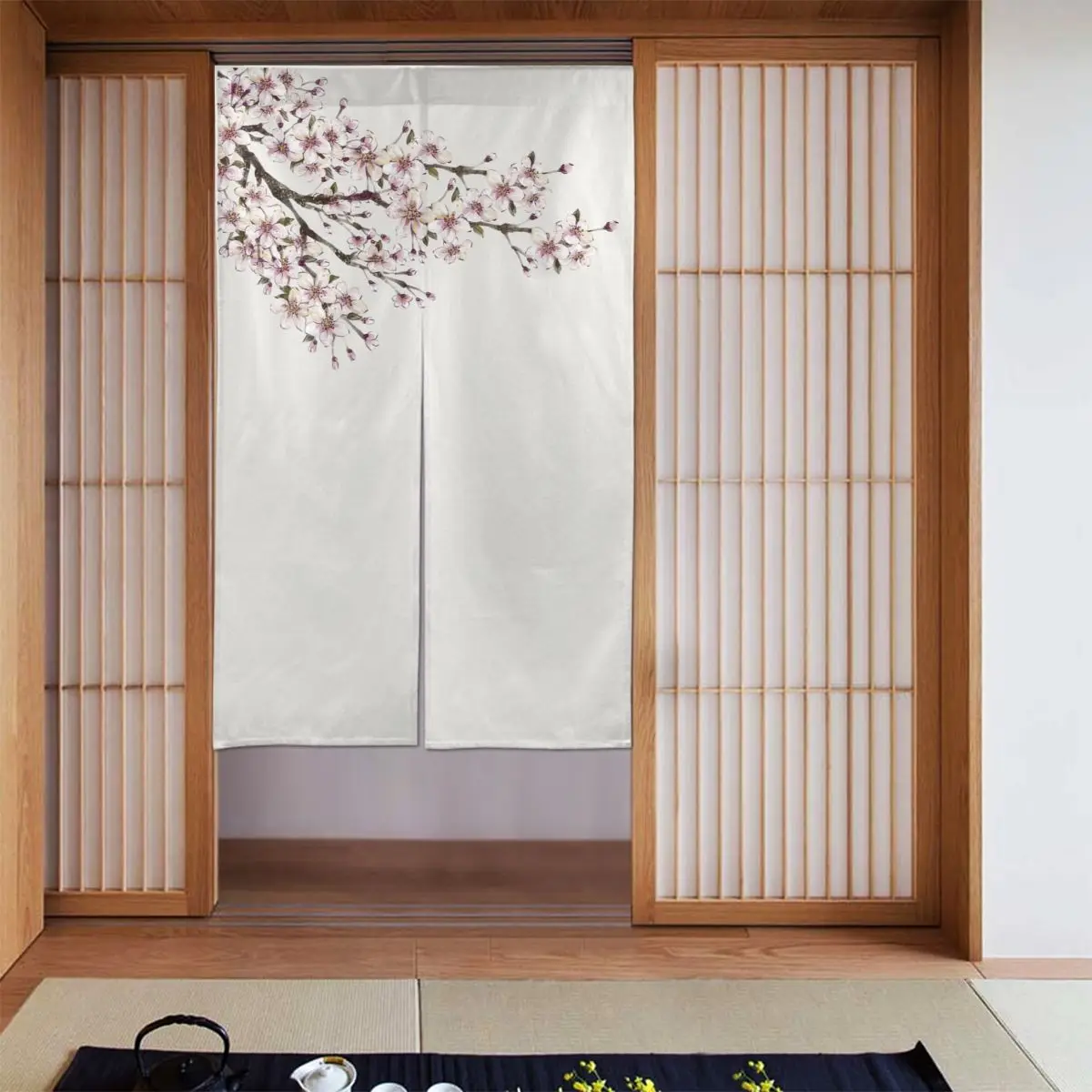 

Flower Japanese Door Curtains Painted Partition Curtain Cotton Linen Creative Hanging Half Curtain for Home Coffee Decor