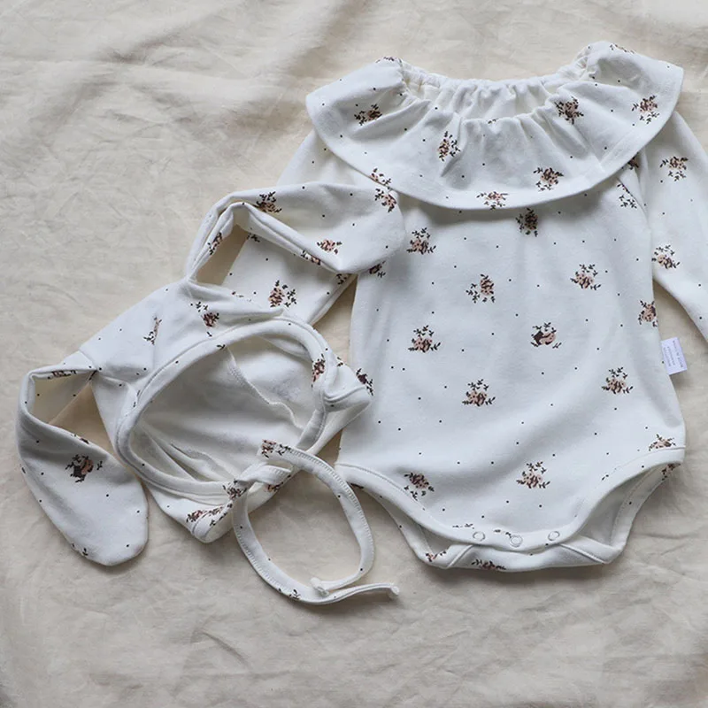 

Korean Style Infant Baby Girls Bodysuits+Hat Long Sleeve Cotton Flower Printing Baby Girls Jumpsuit Spring Autumn Baby Clothes