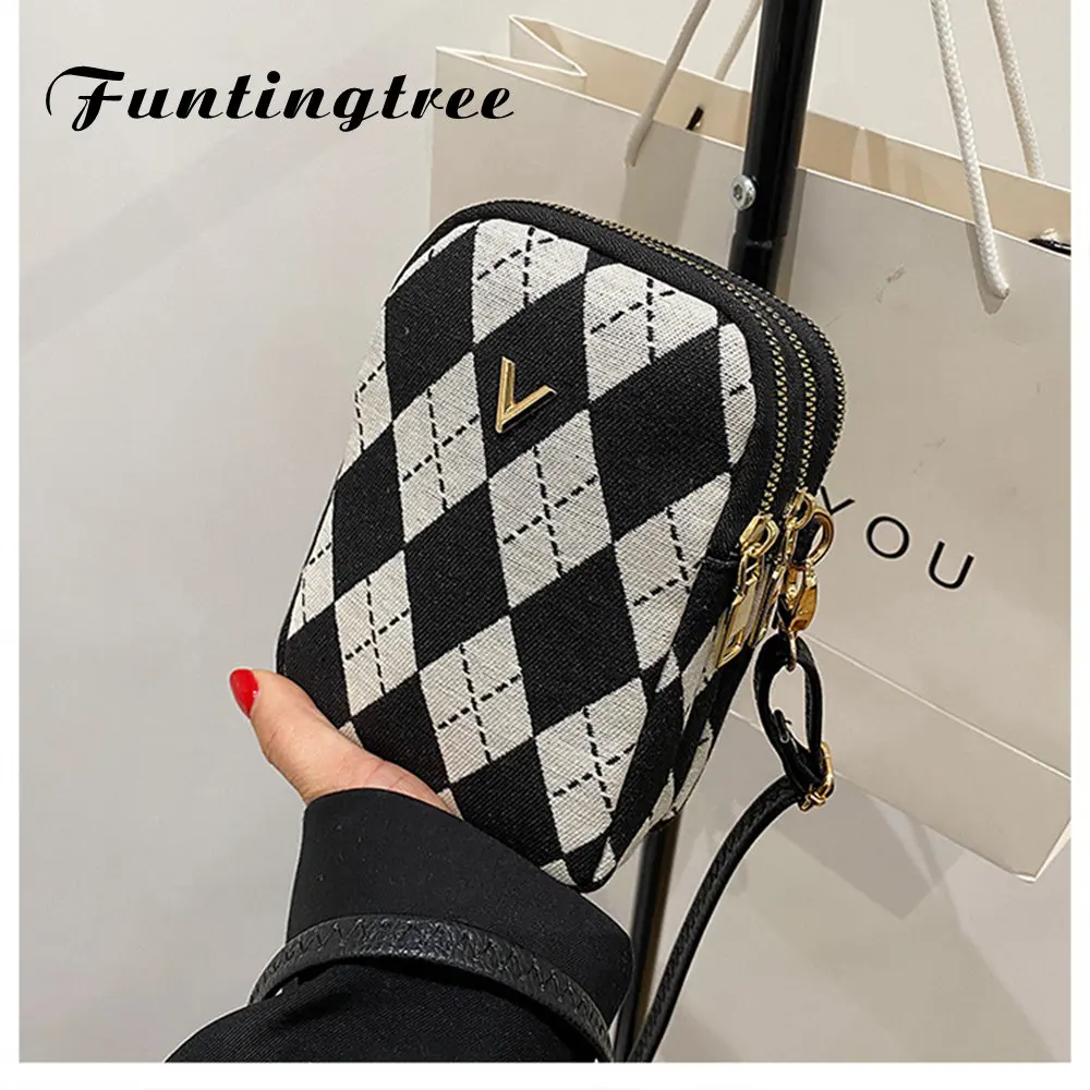 

Women Retro Shoulder Bags Black White Diamond Lattice Messenger Bag Fashion All-match Mobile Phone Bag Satchels Lipstick Bag