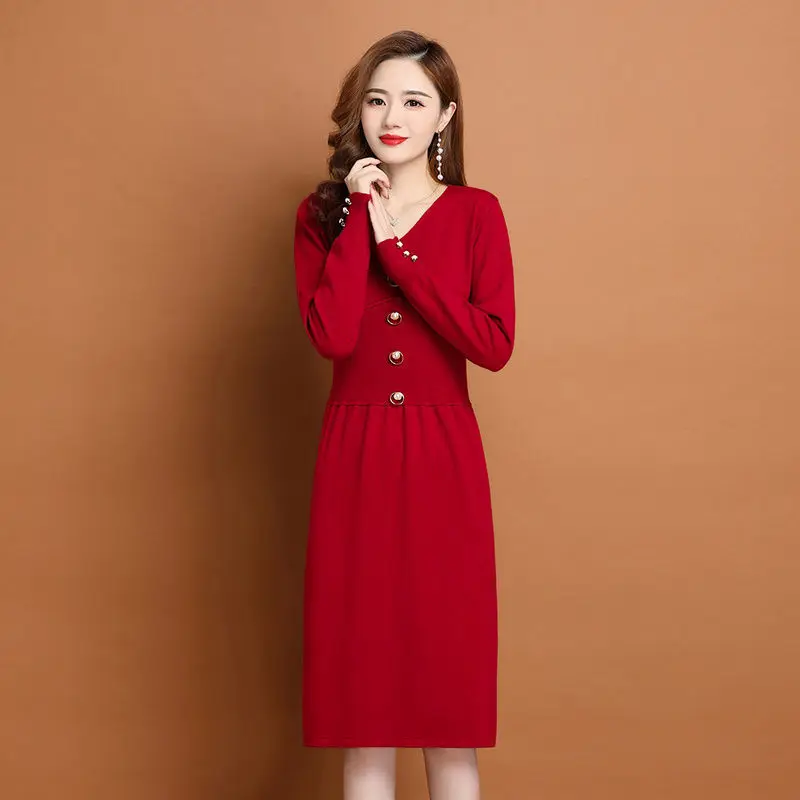 Long Sleeve Elegant Pleated Midi Dress Women Autumn Winter Solid Color V Neck Sweet Korean Vintage Long Dresses 2023 R37