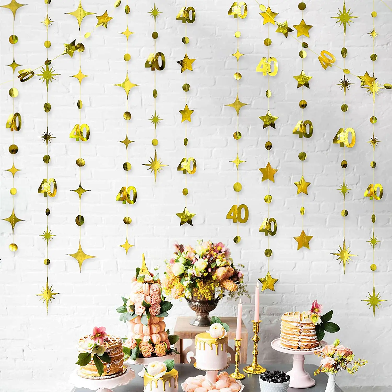 

Gold 40th Happy Birthday Banners Decorations Number 40 Circle Dot Twinkle Star Garland Metallic Paper Hanging Streamer Backdrops