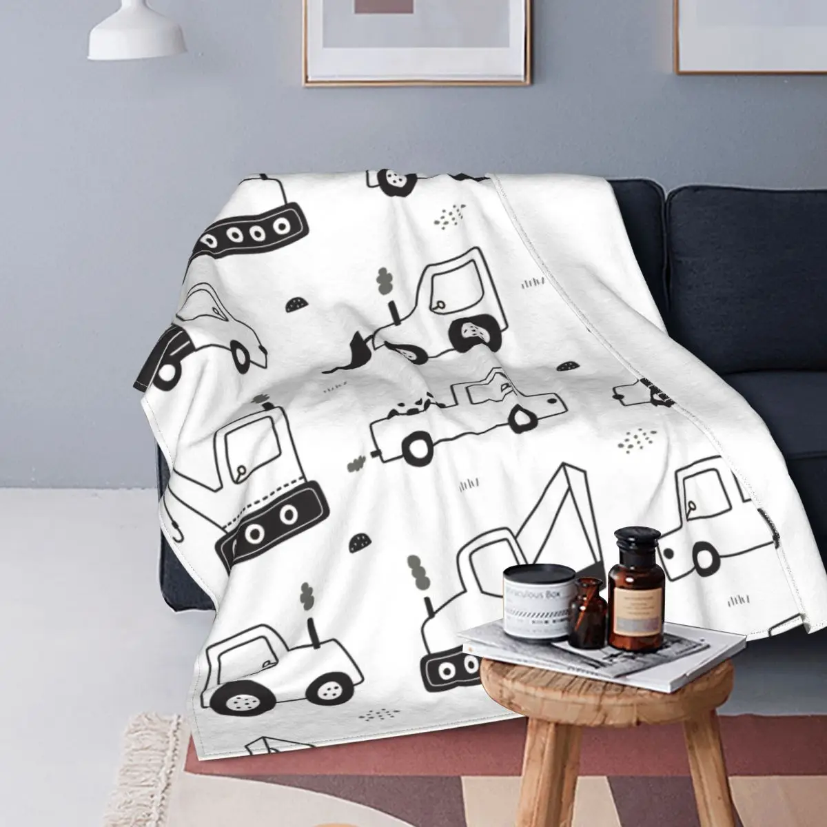 

Cartoon Truck Excavator Blanket Flannel Autumn/Winter Child Car Anime Plaid Warm Throw Blanket for Home Travel Plush Thin Quilt