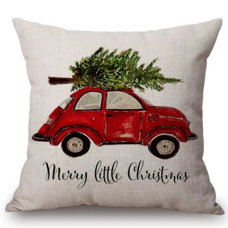 

Watercolor Art Red Car Carrying Christmas Tree Gift Christmas Decoration Sofa Throw Pillow Case Cotton Linen Xmas Cushion Cover