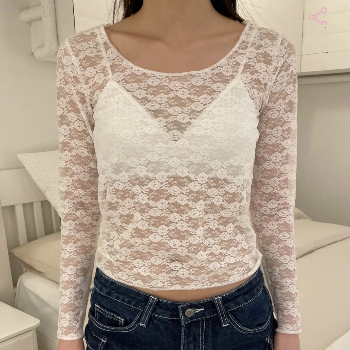 Кружевная Прозрачная Футболка с цветочным рисунком и длинным рукавом