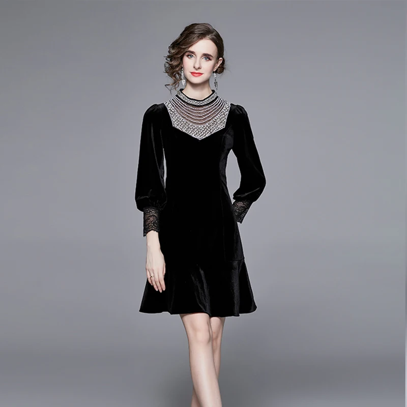 

Женское осенне-зимнее Новое высококачественное винтажное бархатное Сетчатое платье средней длины с круглым вырезом и длинными рукавами