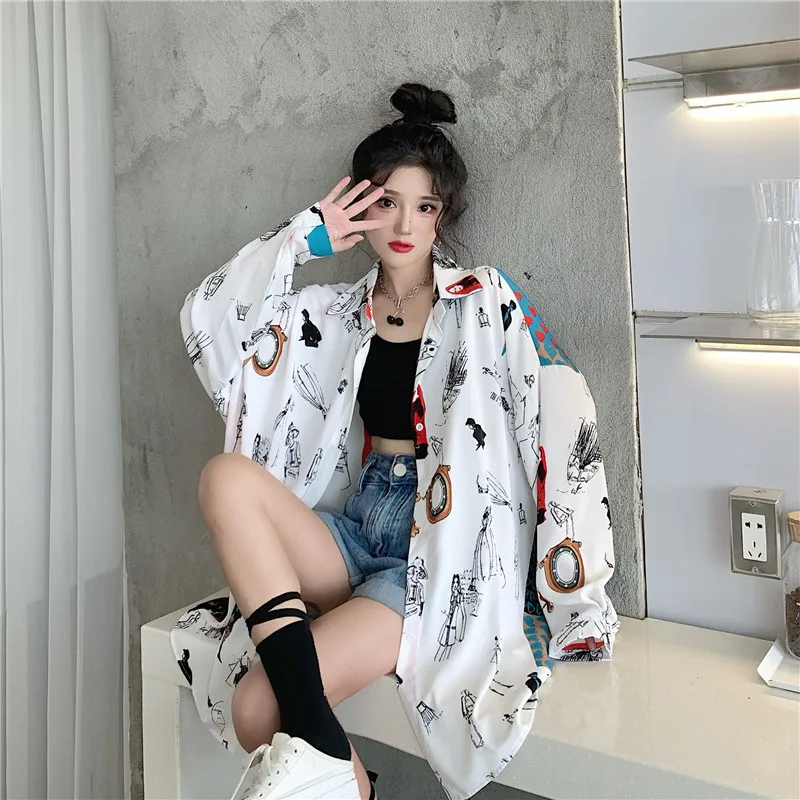 

Chiffon Women's Blouse Large Size Printing Shirt Summer Elegant Long Sleeves Casual Tops Korean Style Loose Female Clothing