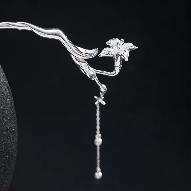 

925 Sterling Silver Lily Hairpin Female Ancient Chinese Hanfu Head Jewelry Ethnic Flower Branch Tassel Hair Sticks Headdress F11