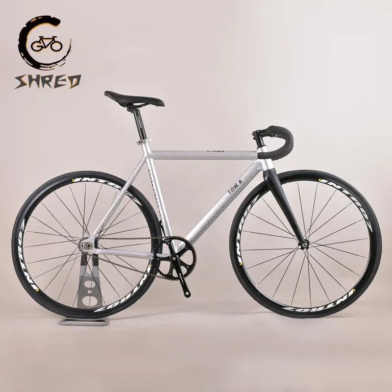Song&Friends Fixed Gear Bike 700C Cracked Silver Fixie Bicycle with 55cm Aluminum Transition Diameter Frameset And Carbon Fork