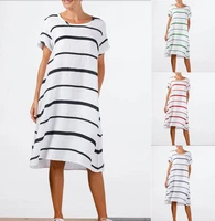 2022 new fashion loose casual outwear dress hot selling short sleeve cotton linen print stripe womens dress middle skirt