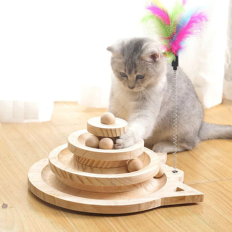 

Cat Wooden Toy 2/3 Levels Pet Tower Tracks Disc Intelligence Amusement Triple Play Ball Kitten Training Toys Cat Tree