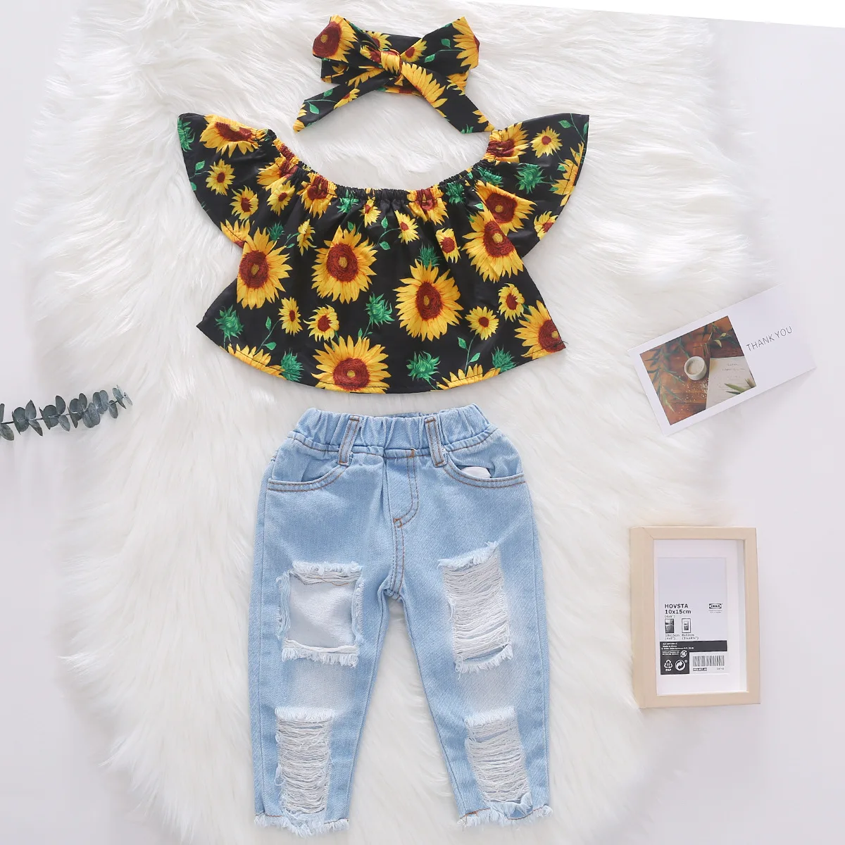 

New Born Baby Girls Fly Sleeve Woven Print Sunflower Brushed Denim Ripped Pants Bandana Three Piece Set
