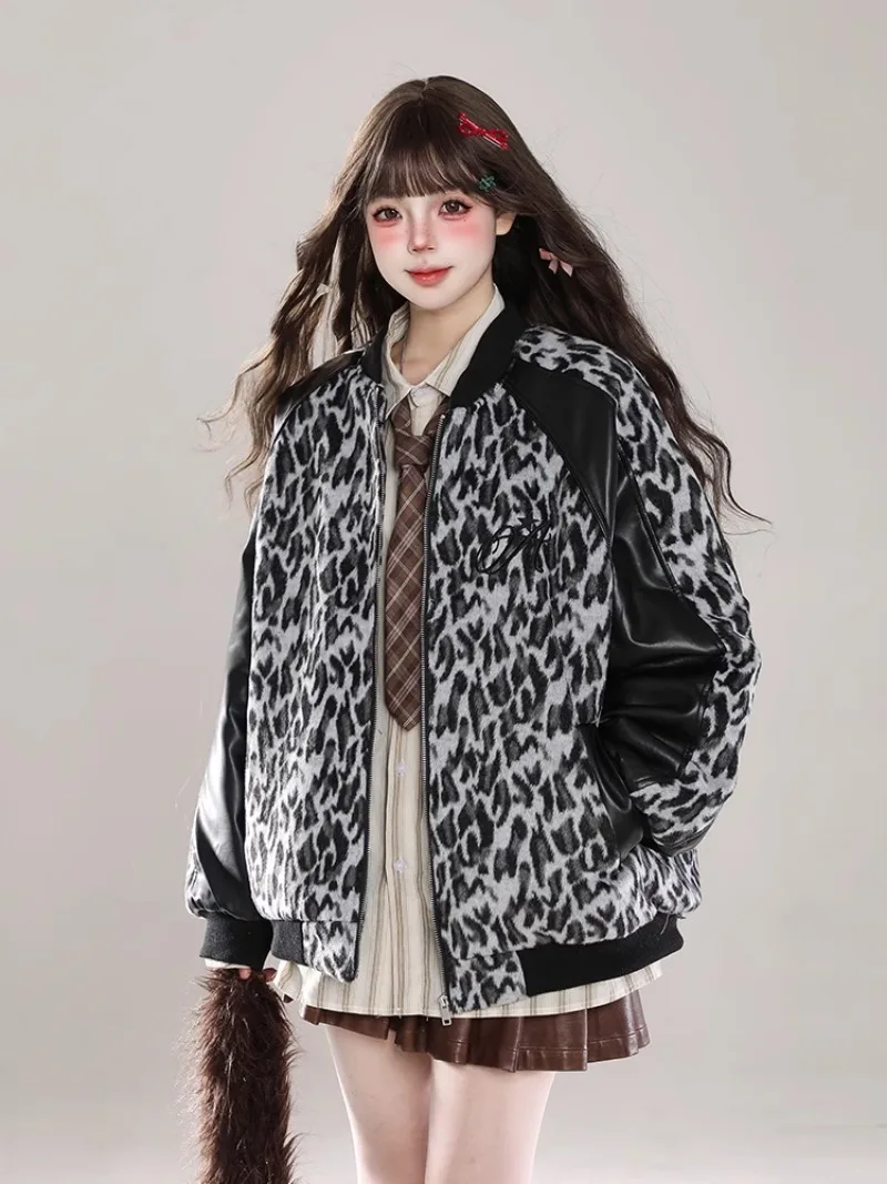 Winter Leopard Print Design Sense Splicing Leather Sleeves Baseball Cotton Clothes Thickened Loose and Thin Padded Jacket Women