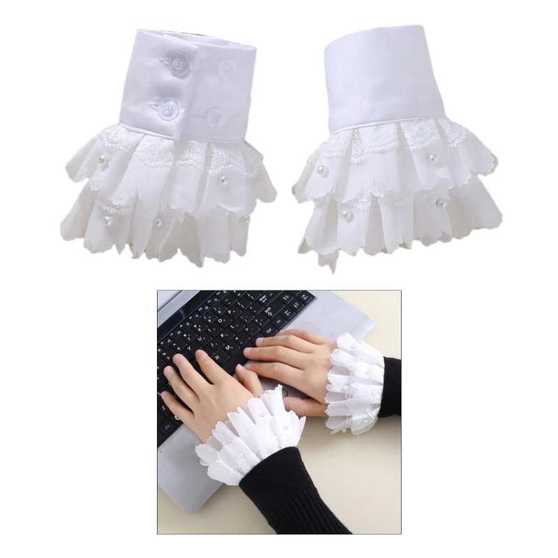 

Girls White Color Wrist Cuffs Decorative Sleeve Pearl False Cuffs Shirt Decors