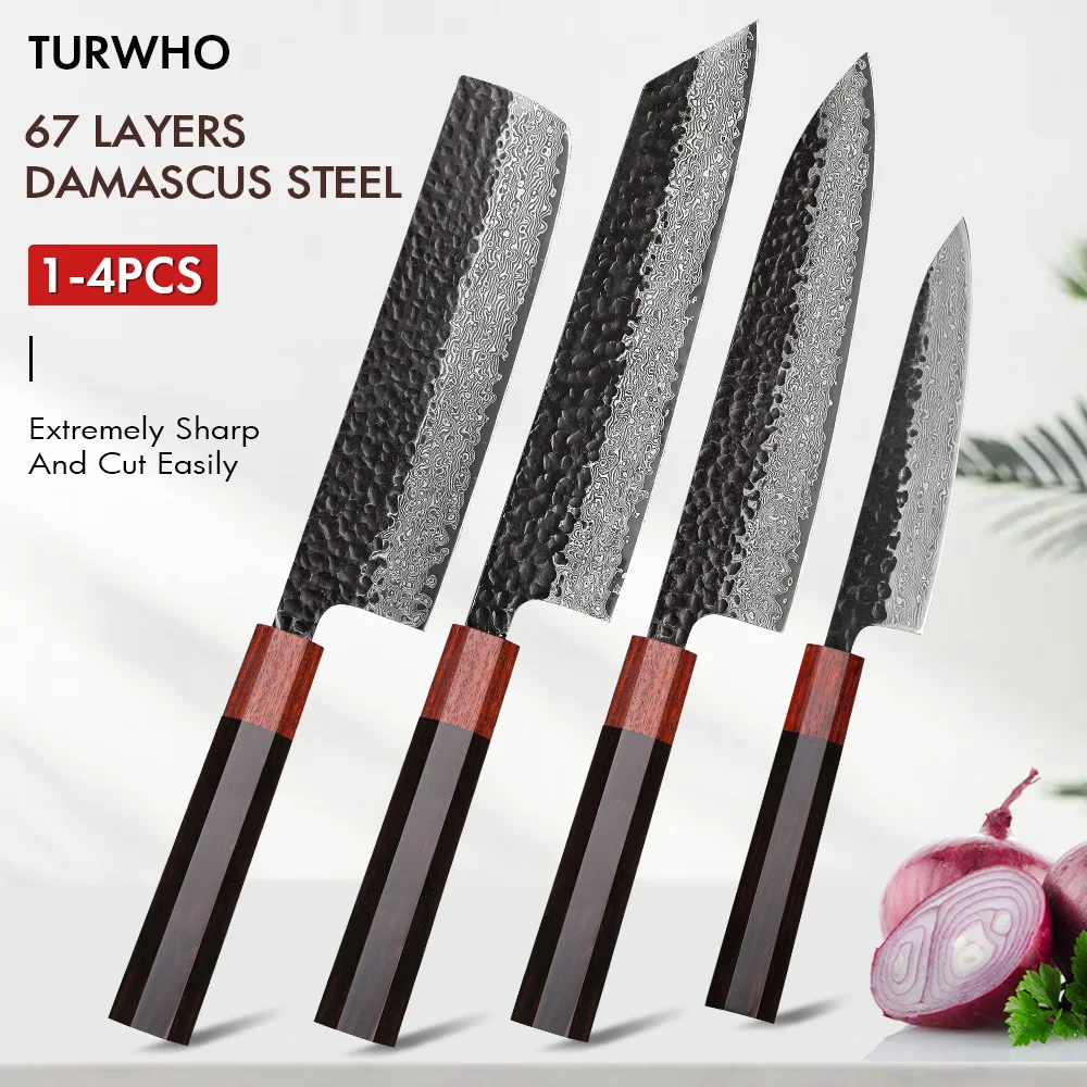 

TURWHO-Professional Kitchen Knife Set, Japanese Damascus Steel, Chef, Santoku, Multi-Purpose Paring Knife, Cooking Tools, 1-4