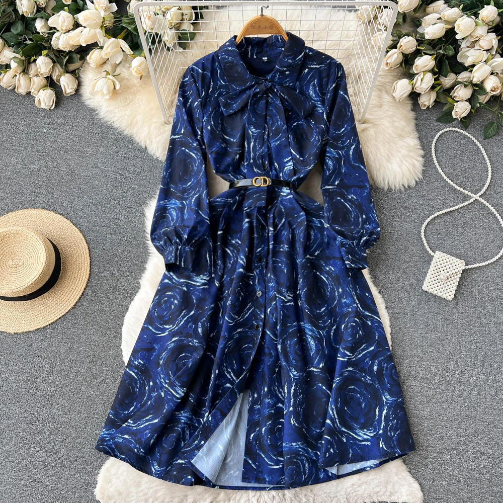 

Осеннее тонкое платье с отложным воротником и длинными рукавами в европейском и американском стиле