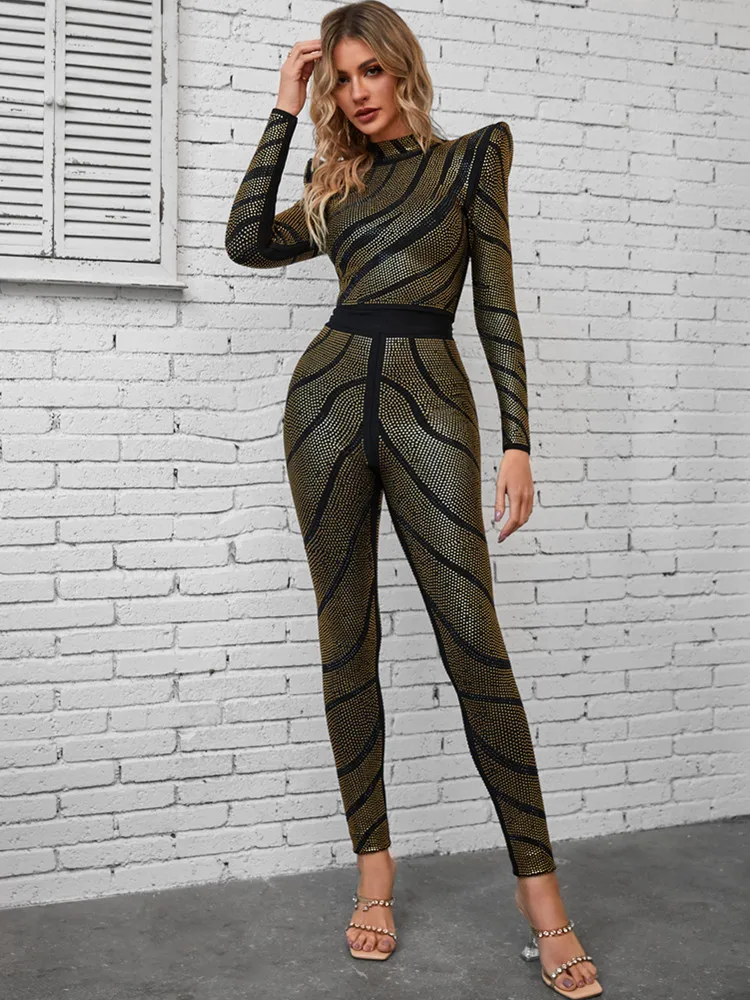 

Laura Kors Women Winter Long Sleeve Luxury Diamonds Crystal Two Piece Pants Bandage Set Celebrity Ngiht Party Women's Set