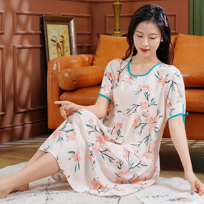 

Yellow Printing Flower Sleepwwear Cotton Nightgown Loose Nighdress Homedress Round Neck Nightwear Sleep Dress Home Clothing
