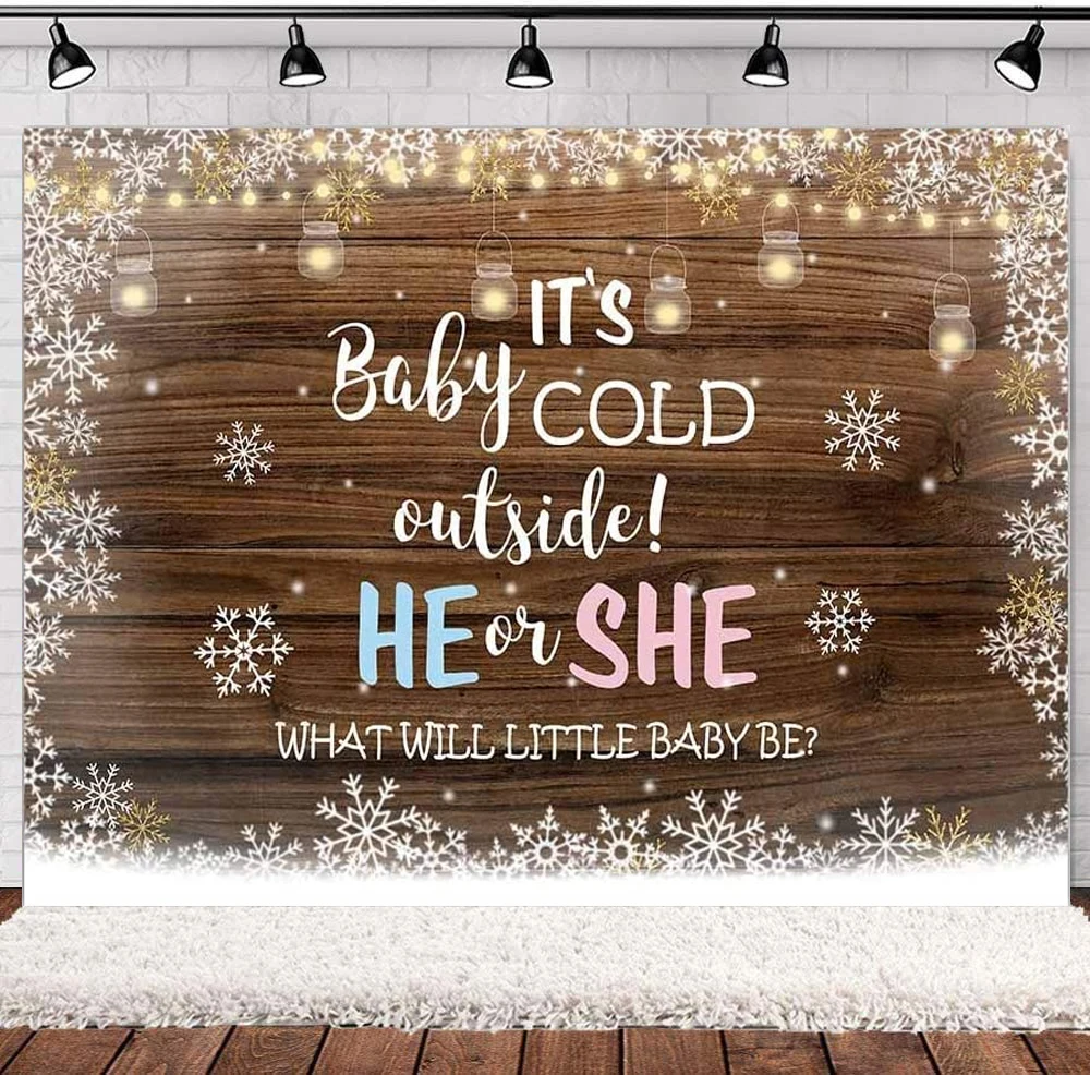 

Rustic Wooden Gender Reveal Party Photography Backdrop He Or She Baby Shower Background Winter Snowflake Pink Blue Boy Or Girl