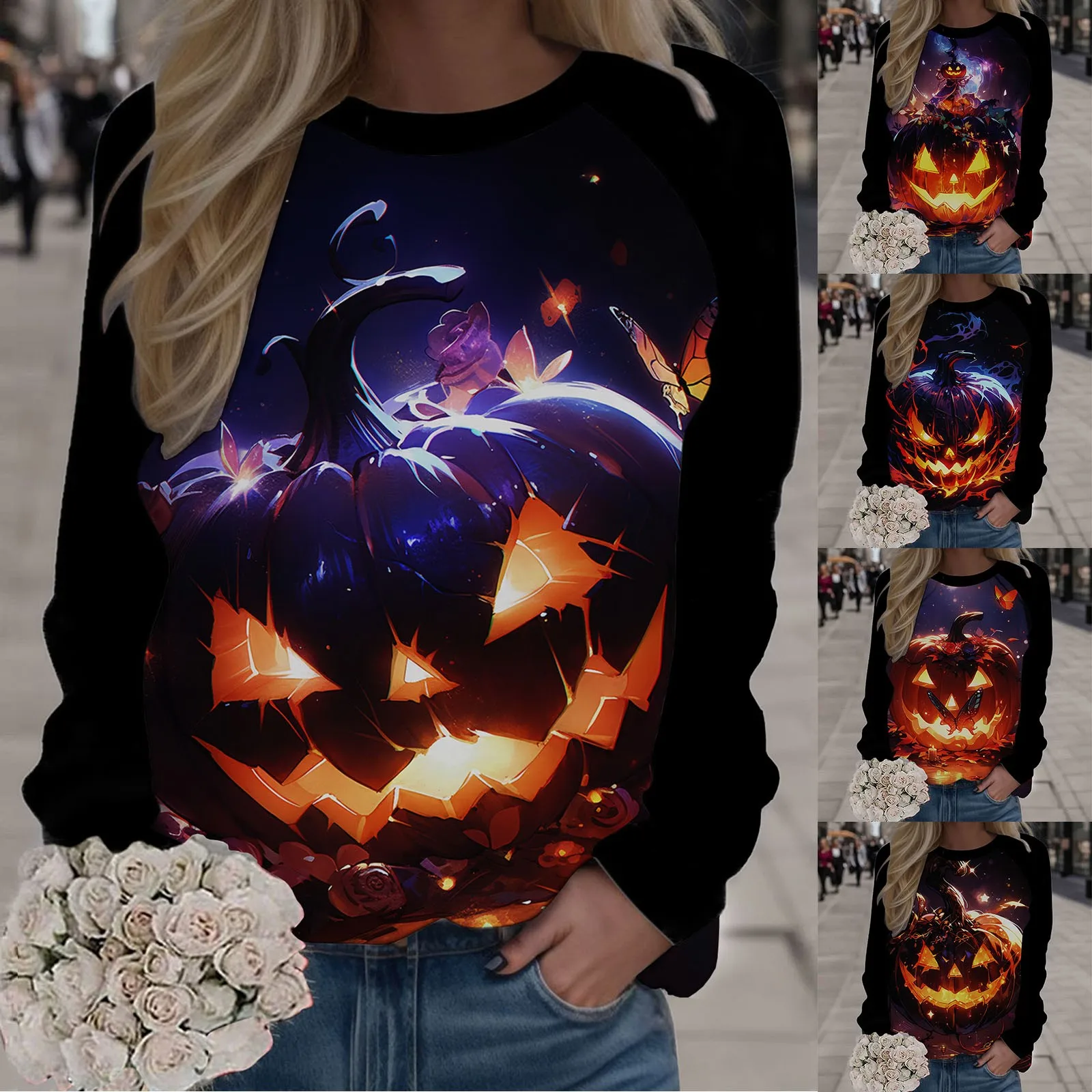 

Womens Fashion Casual Long Sleeve Crew Neck Sweatshirts Halloween Printed Pullover Hoodless Sweatshirts Top Color Long Sleeve