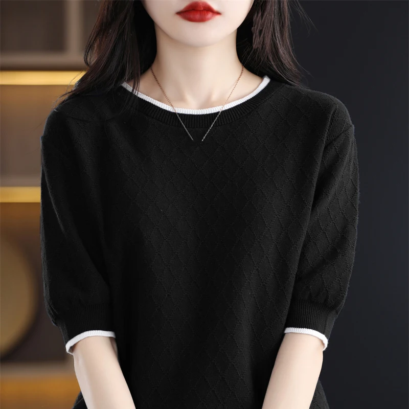 Женский свитер с круглым вырезом и коротким рукавом блузка однотонный