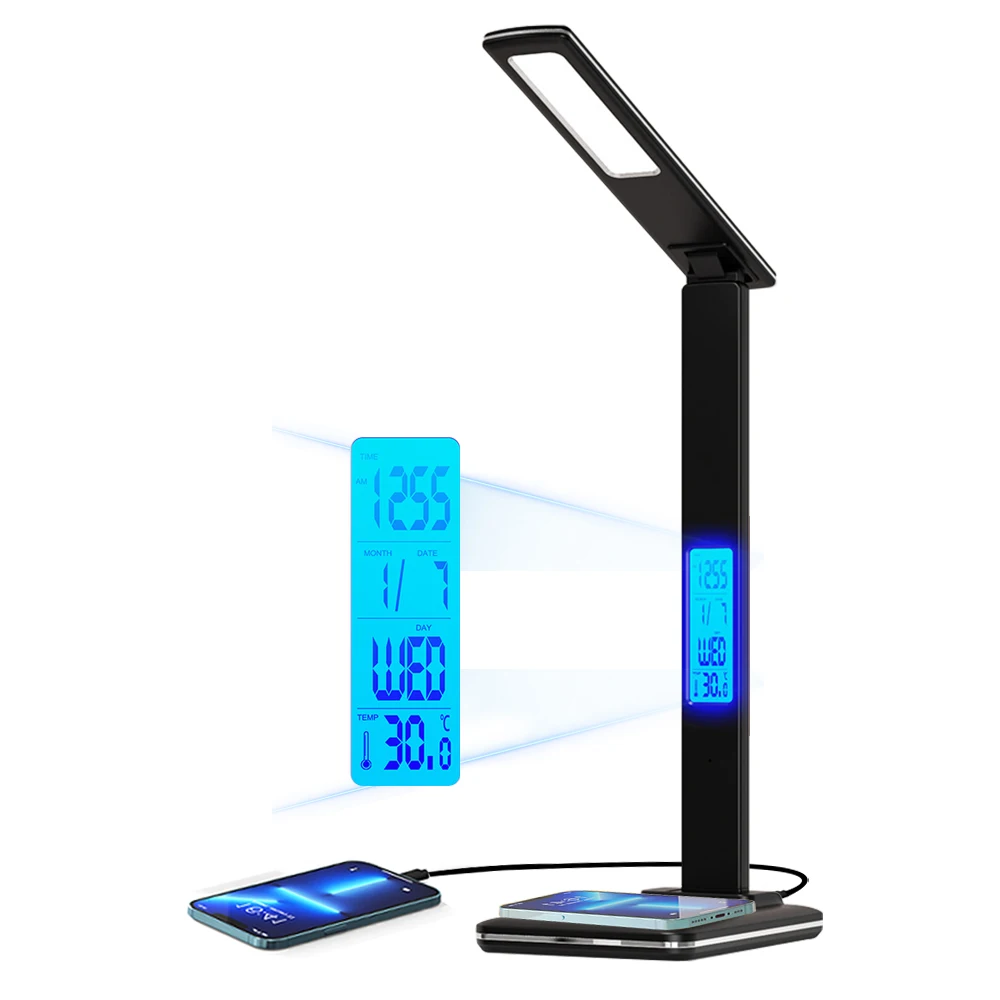 

LED Desk Lamp with Wireless Charger 10W Night Light Digital Alarm Clock Temperature display Eye Protect Study Table Lamp