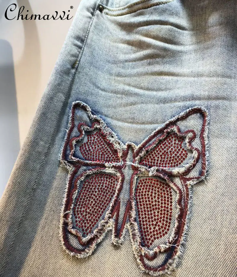 European Denim Pants 2023 Summer New Rhinestone Butterfly High Waist Jeans Fashion Slim Straight-Leg Wide-Leg Pants Women