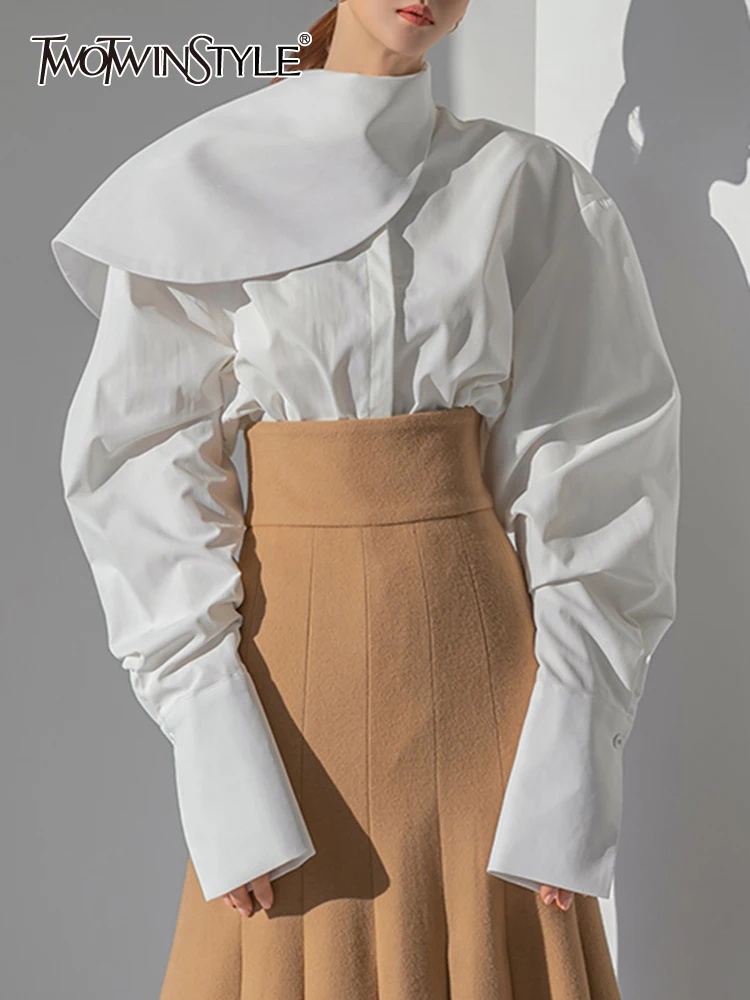 

TWOTWINSTYLE Solid Loose Miimalist Blouses For Women Stand Collar Long Sleeves Patchwork Single Breasted Casual Blouse Female