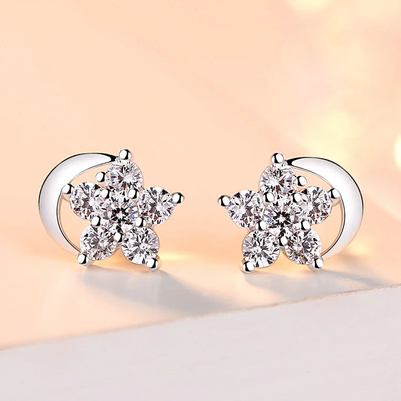 

925 Silver Plated Zircon Star Moon Stud Earrings for Women Girls Elegant Birthday Gifts Jewelry Pendientes Brincos eh1794