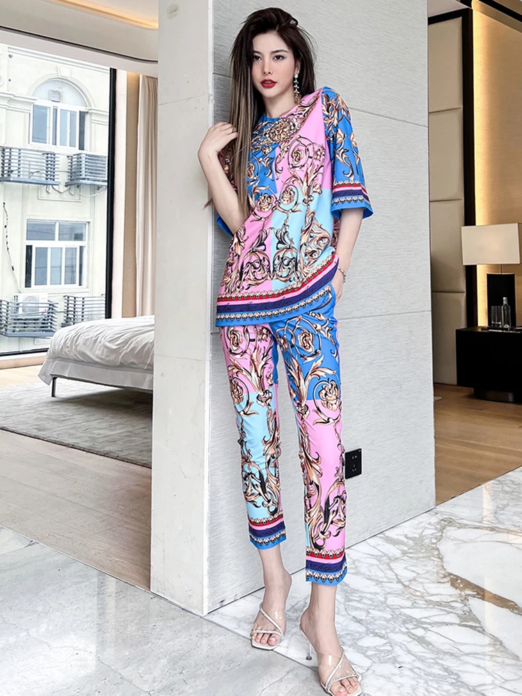 

Delocah High Quality Summer Women Fashion Runway Pants Sets Half Sleeve Loose Beading Tops + Colorblock Print Long Pants Suits
