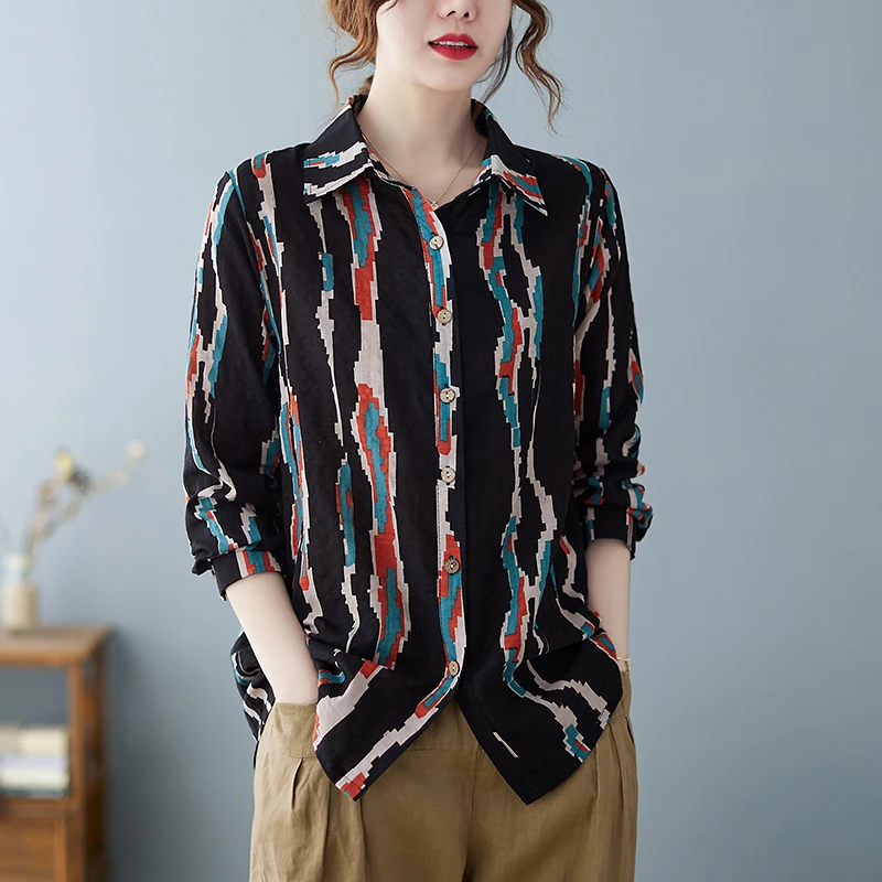 

Fashion Long Sleeve 2023 Spring Summer New Office Lady Blouse Striped Elegant Streetwear Single Breasted Thin Cotton TshirtX7995