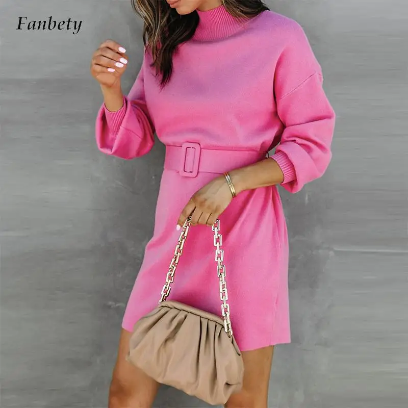 

2022 Elegant Turtleneck Knitted Dress Women Fashion Belted Tie-up Sweate Mini Dress Casual Long Sleeve Solid Loose A-Line Dress