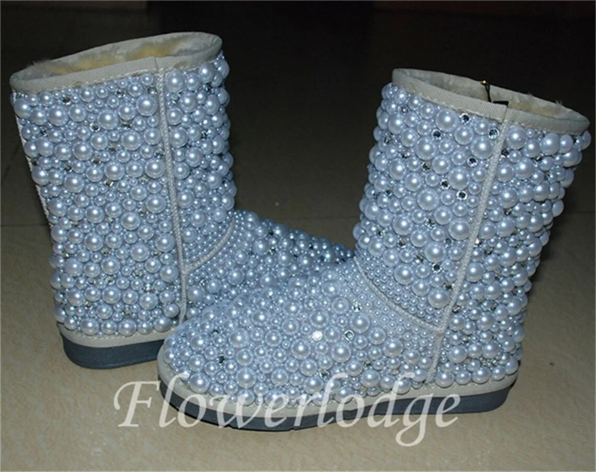

Mid-calf boots Pearl rhindiamonds classic hand-made winter boots with fleece warm boots men and women plus size 35-44