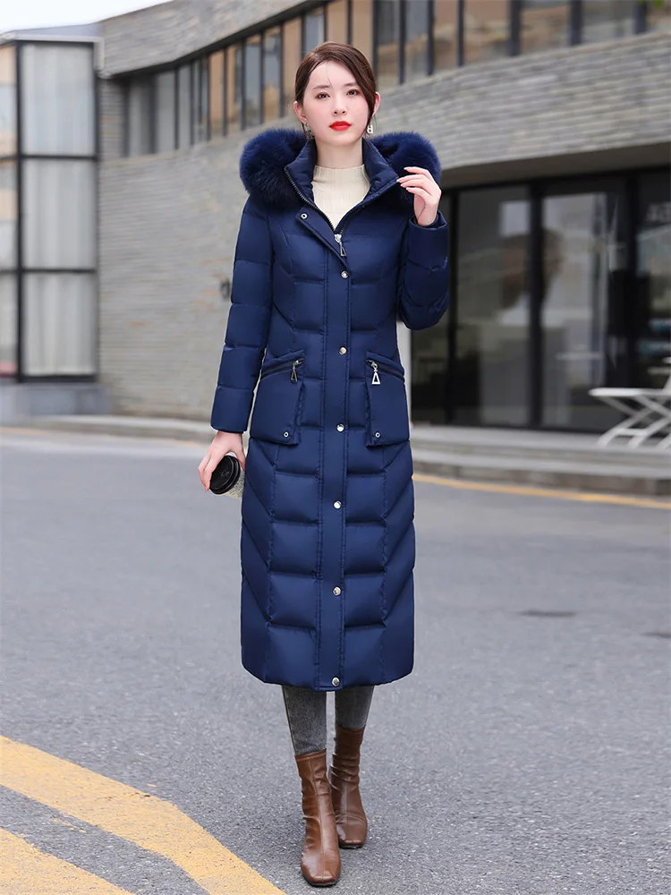 New Women Winter Down Coat Fashion Detachable Real Fox Fur Collar Thicken Slim Long Down Jacket White Duck Down Hooded Overcoat