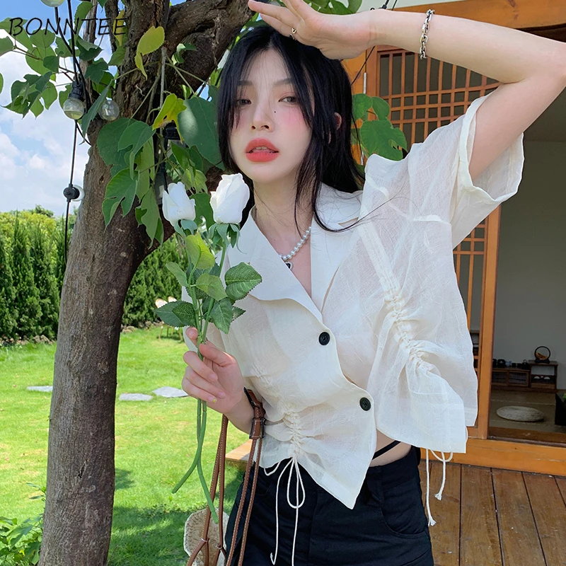 

Y2k Shirts Women Preppy Style Holiday Lovely Femme Solid Schoolgirl Dating Summer Casual Slim Shirring Ulzzang Soft Mujer Blusas