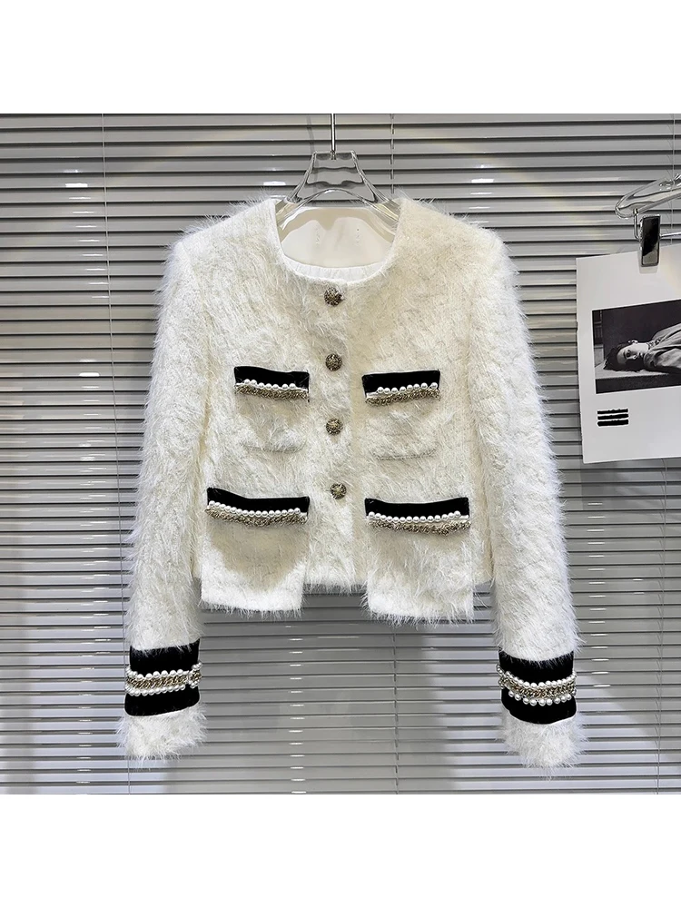 

Новинка 2023, модная дизайнерская женская куртка, бархатная норковая куртка с цепочкой и жемчужными бусинами