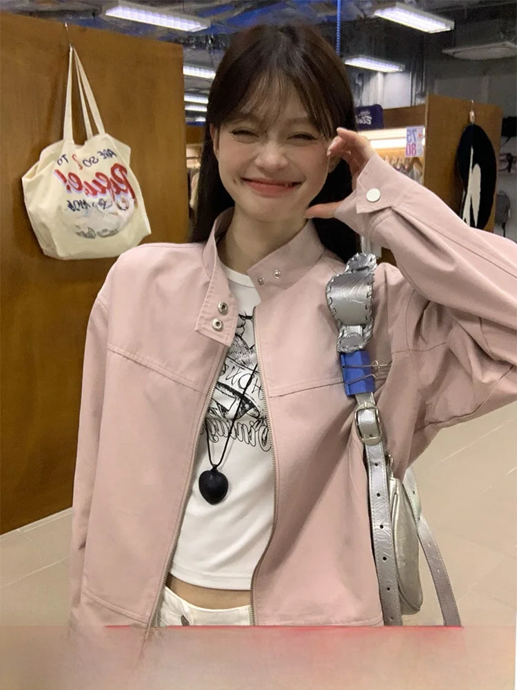 Song Zhengen розовая стираная хлопковая куртка женская на молнии дизайн осень новый