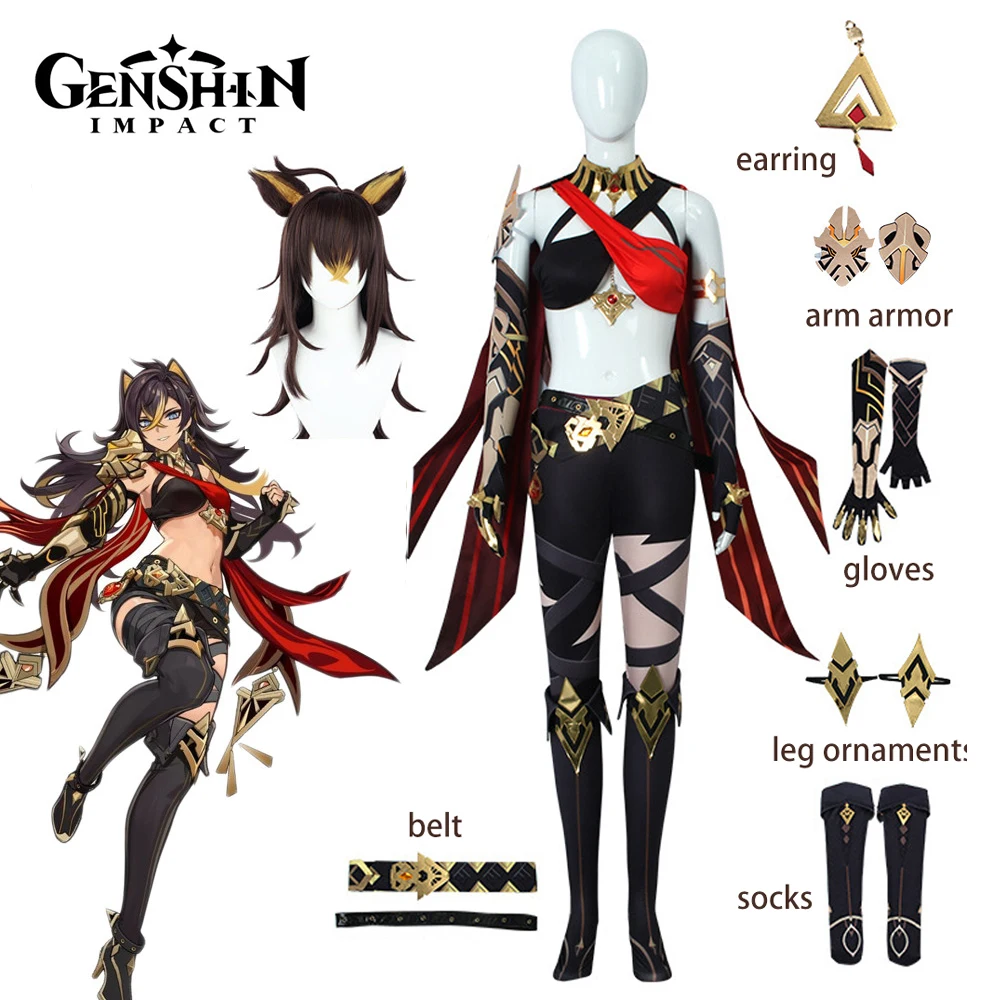 

Костюм для косплея Genshin Impact, одежда для косплея Dehya, парик, женские сексуальные рубашки, брюки, носки, костюм на Хэллоуин, карнавал, женская од...