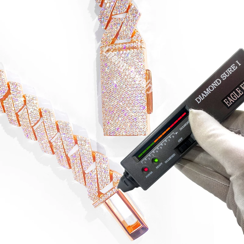 Ожерелье мужское под розовое золото кубинская цепочка с муассанитом 20 мм 24 дюйма