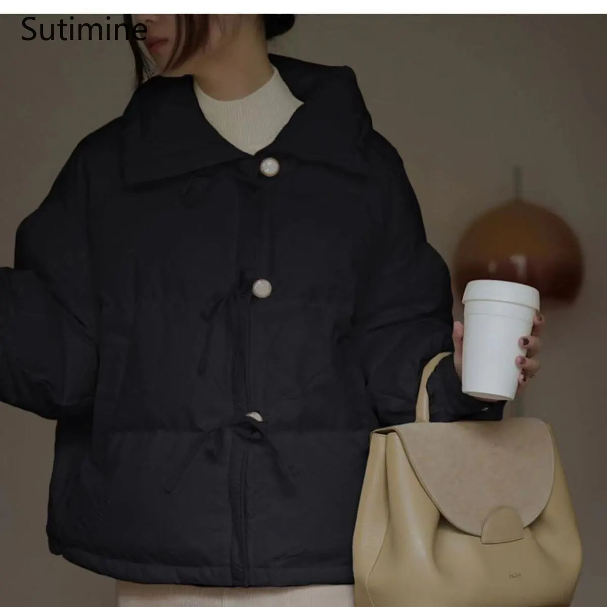 Winter Clothes Women Office Lady Button Down Cotton Jacket Fashion Coat Stand Collar Short Cotton Jacket Pockets Winter Coat
