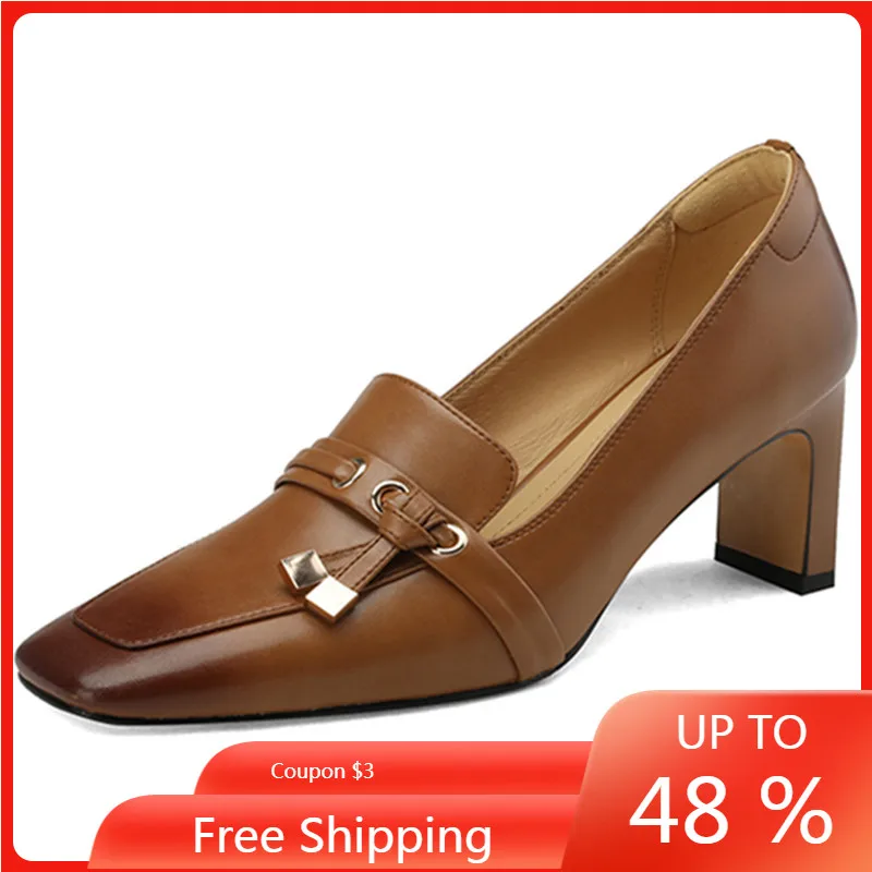 

ENMAYER 2023 New Solid Ladies Party Pumps Slip on Genuine Leather Shoes Woman Shallow Thick High Heels Single Shoes Black brown