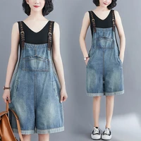 half denim overall shorts women 2020 summer new korean style straps loose thin wide leg jumpsuit rompers fashion
