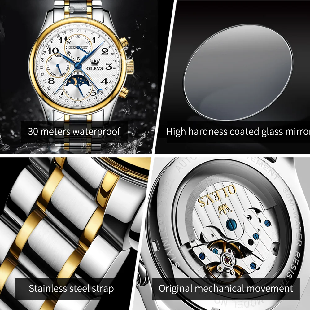 OLEVS 2023 New Moon Phase Mechanical Watch Men Sport Military Stainless Steel Men Automatic Watches Top Brand Luxury Male Clock enlarge