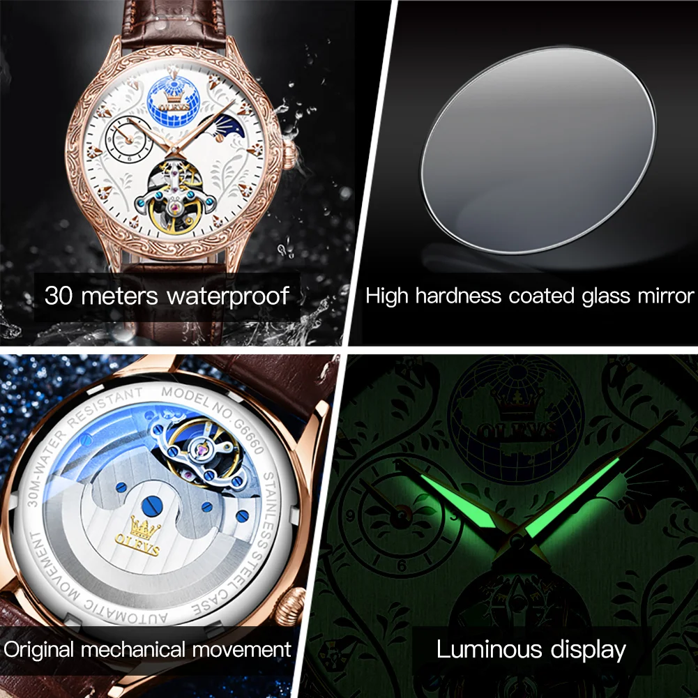 Мужские механические часы-скелетоны OLEVS Moon Phase мужские наручные часы с