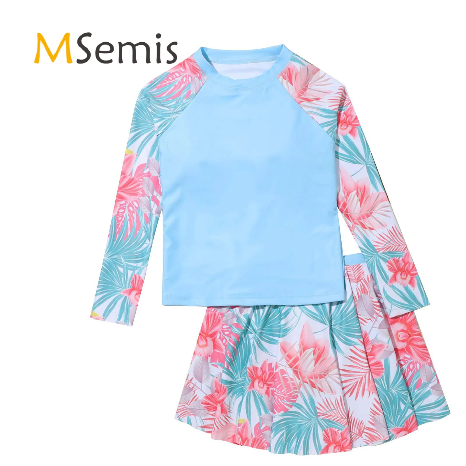 

Kids Girls Swimsuit Two Piece Rash Guard Set Long Sleeve Top Swim Skirt Cute Floral Print Swimming Bathing Suit for Pool Beach