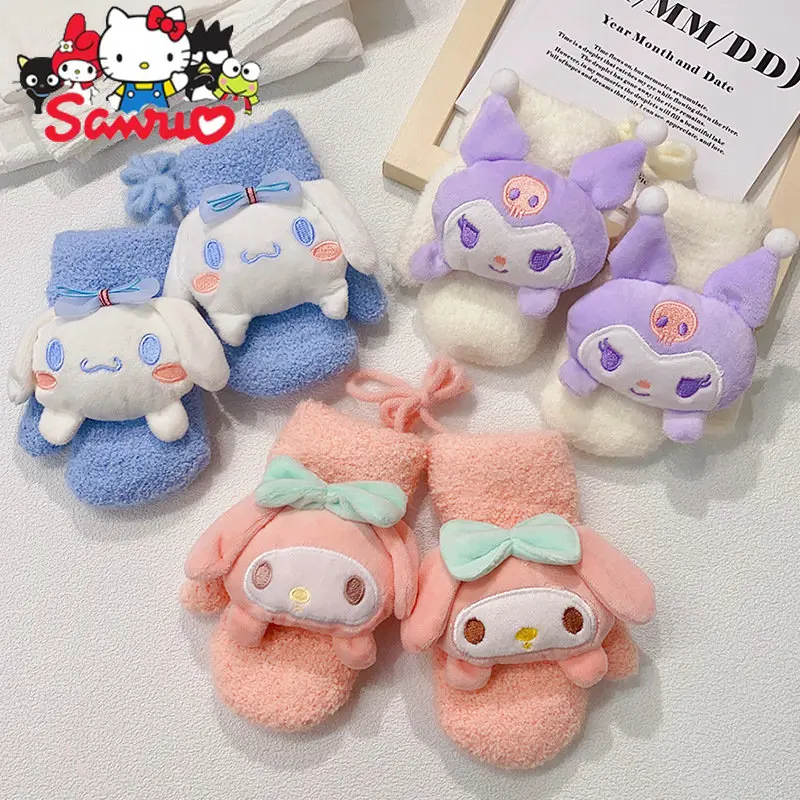 

Sanrio Kuromi Melody Cartoon-knit Doll Children's Gloves Cinnamoroll Pile Thick Halter Gloves Warm Thickened Student for Girls