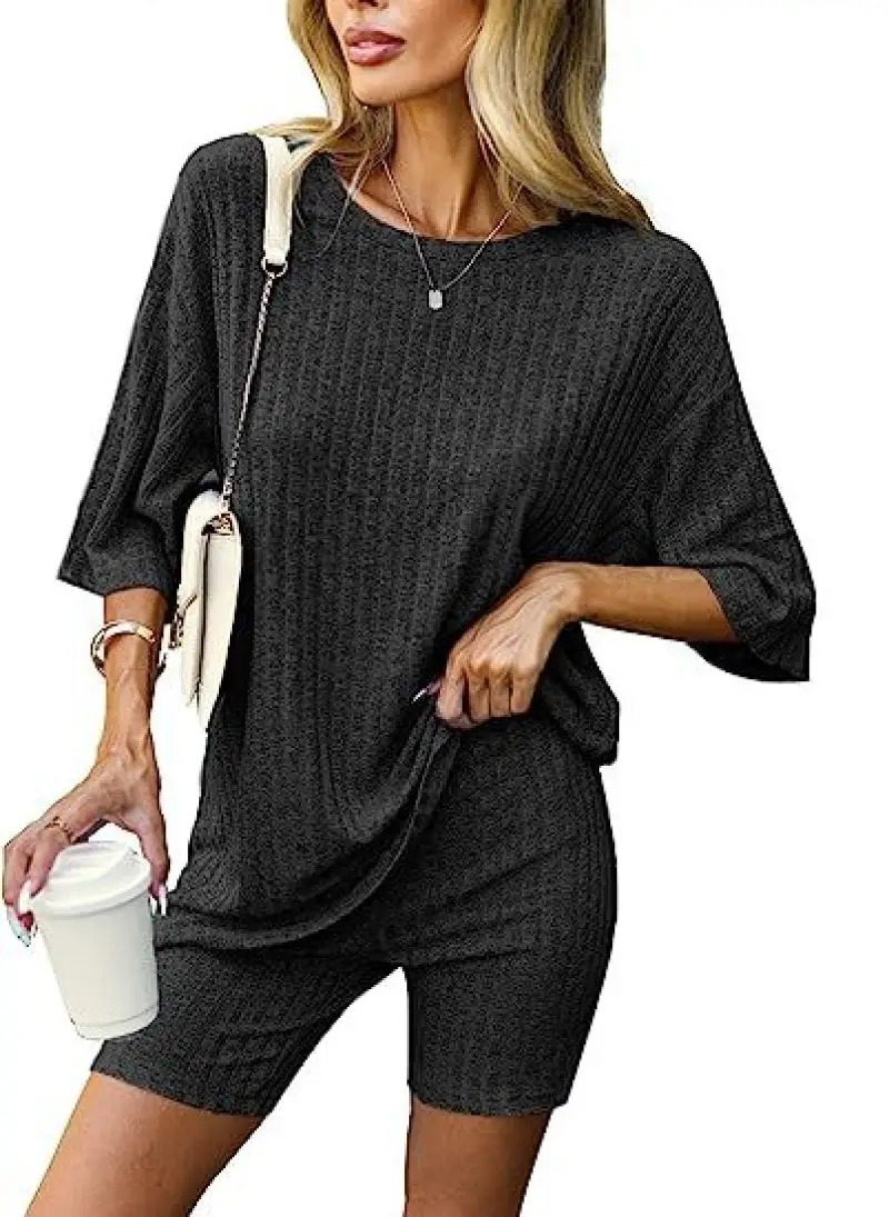Womens Pajamas Set Pyjamas 2 Piece Lounge Sets Ribbed Knit Matching Outfits T-shirt Biker Shorts Sleepwear Loungewear Sweatsuits