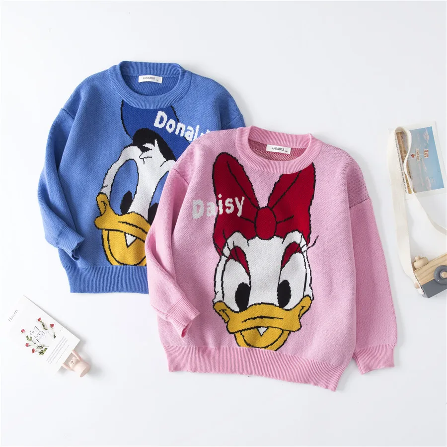

Autumn Winter Kids Donald Duck Cartoon Knitted Sweater Baby Boys Girls Thicken Plush Warm Knitwear Children's Long Sleeved Pullo