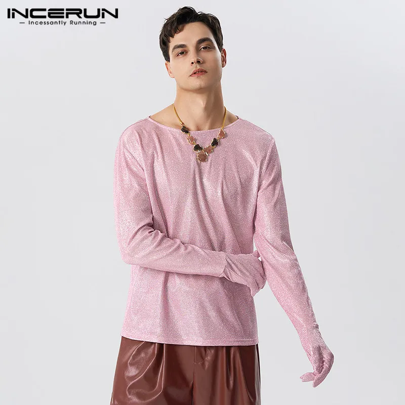 

2023 Men T Shirt Shiny O-neck Long Sleeve Gloves Streetwear Men Clothing Fitness Solid Fashion Party Casual Camisetas INCERUN